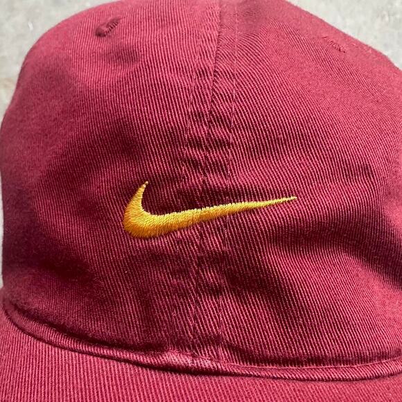 Vintage 90s Nike Embroidered SnapBack Hat Maroon Yellow Center Swoosh Cap - Picture 2 of 5